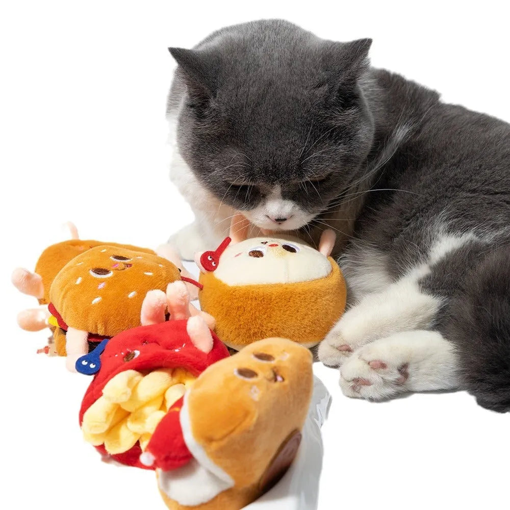 Soft TPR cat chewing toy set with hamburger, chicken leg, bread, fries, and hot dog designs for kitten teething.