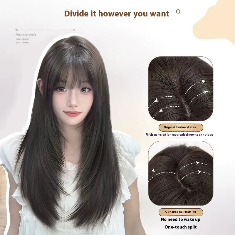 Black long straight synthetic wig with layered styling on a wig stand showing full-head coverage