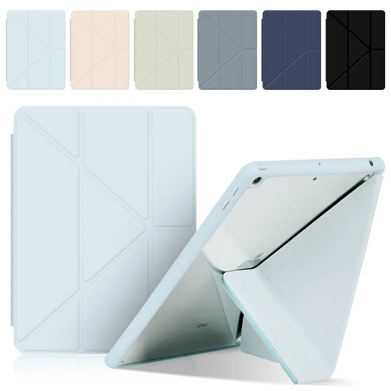 Acrylic Y-folding soft imitation leather iPad case in multiple colours, showing stand function and pen slot.