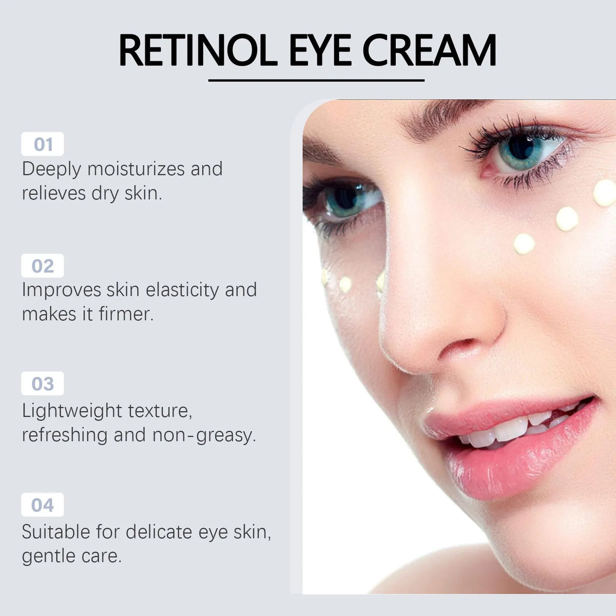 Boxed 20g tube of retinol eye cream with packaging measuring 3 by 12.1 centimetres.