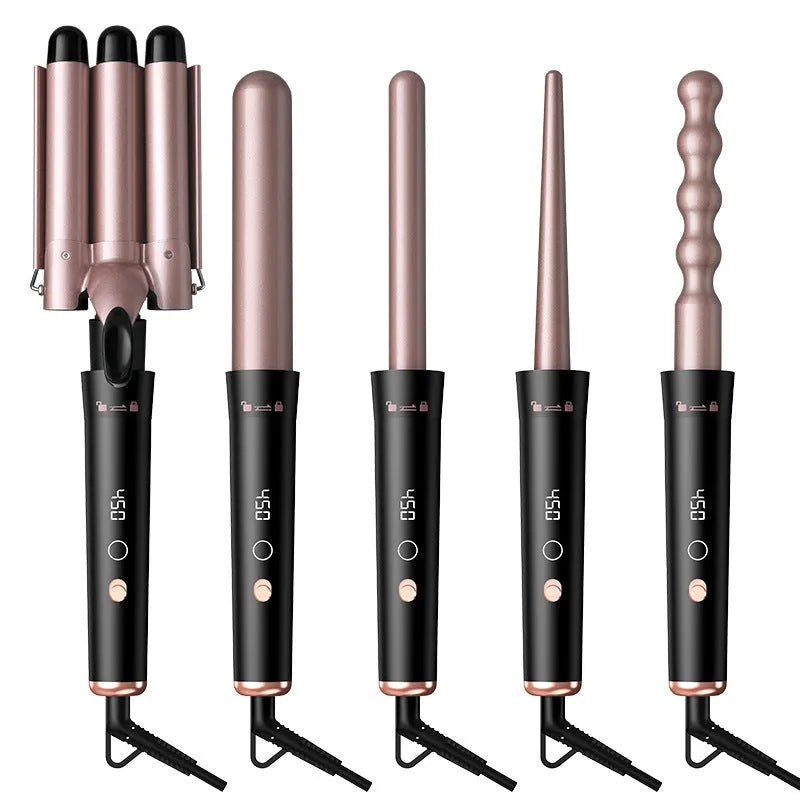 Rose gold five-in-one tube replacement hair curler with LCD screen and negative ion function