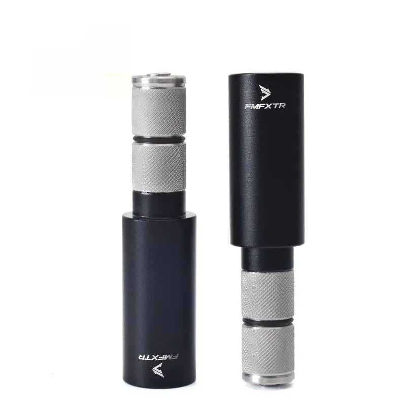 A pair of silver aluminium alloy bicycle handlebar extension rods showing their folded and extended positions.