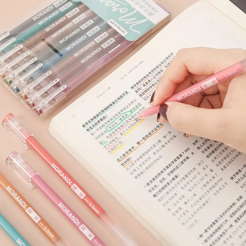 Set of nine retro gel pens with 0.5mm needle tips in Japanese-inspired colour collections for student notes
