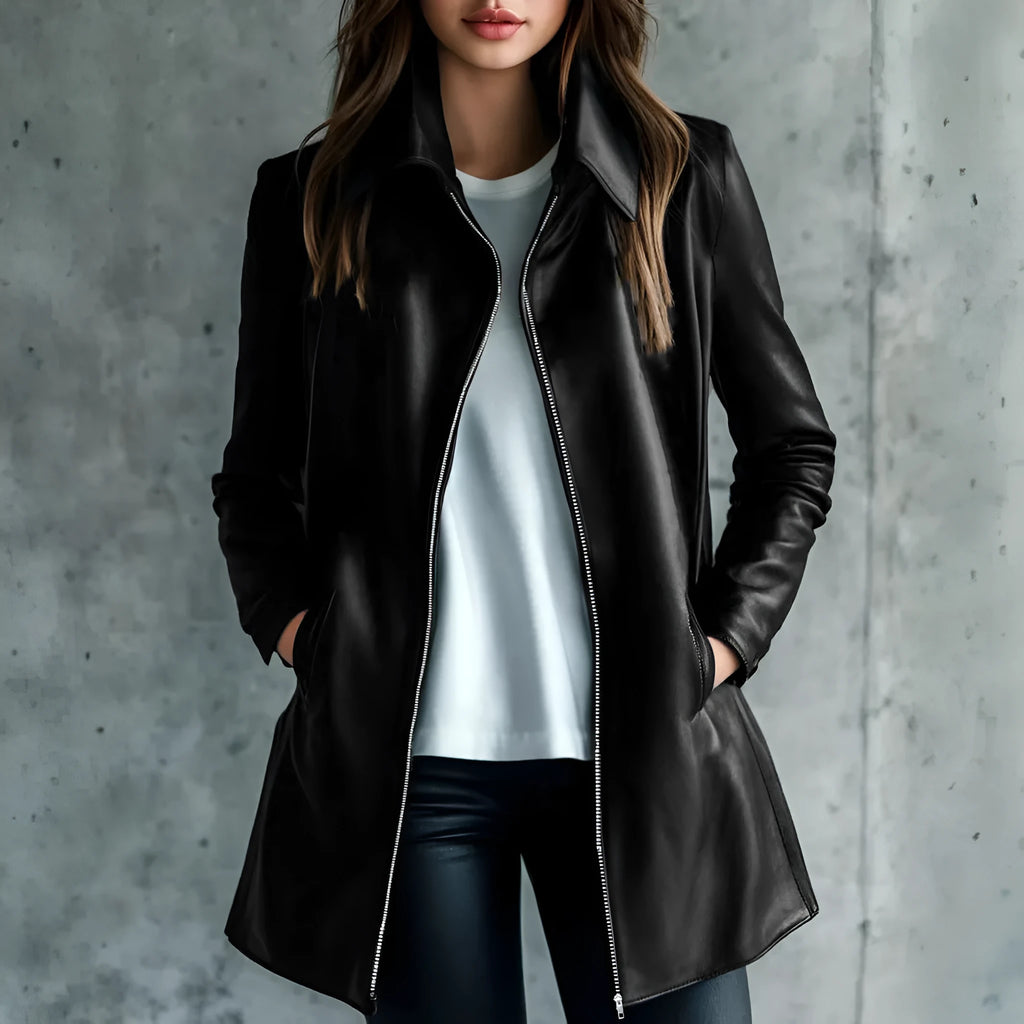 Black women's polyester leather jacket on a hanger, showing medium length and long sleeves.