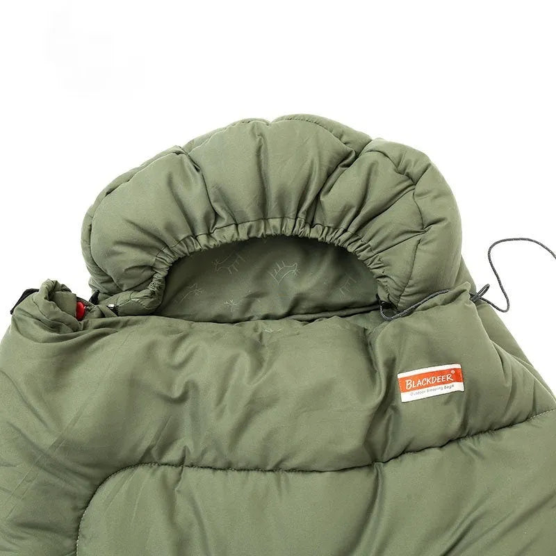 Ochre and olive green cotton sleeping bag quilt for outdoor camping, folded to show portable design.