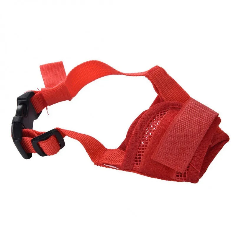 Adjustable plastic dog muzzle shown in multiple colours and sizes for biting and barking control.