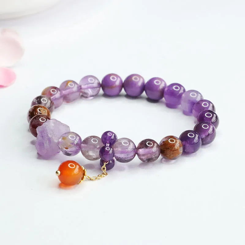 Natural nine purple amethyst and red agate crystal bracelet in Mori style with 7-8mm beads