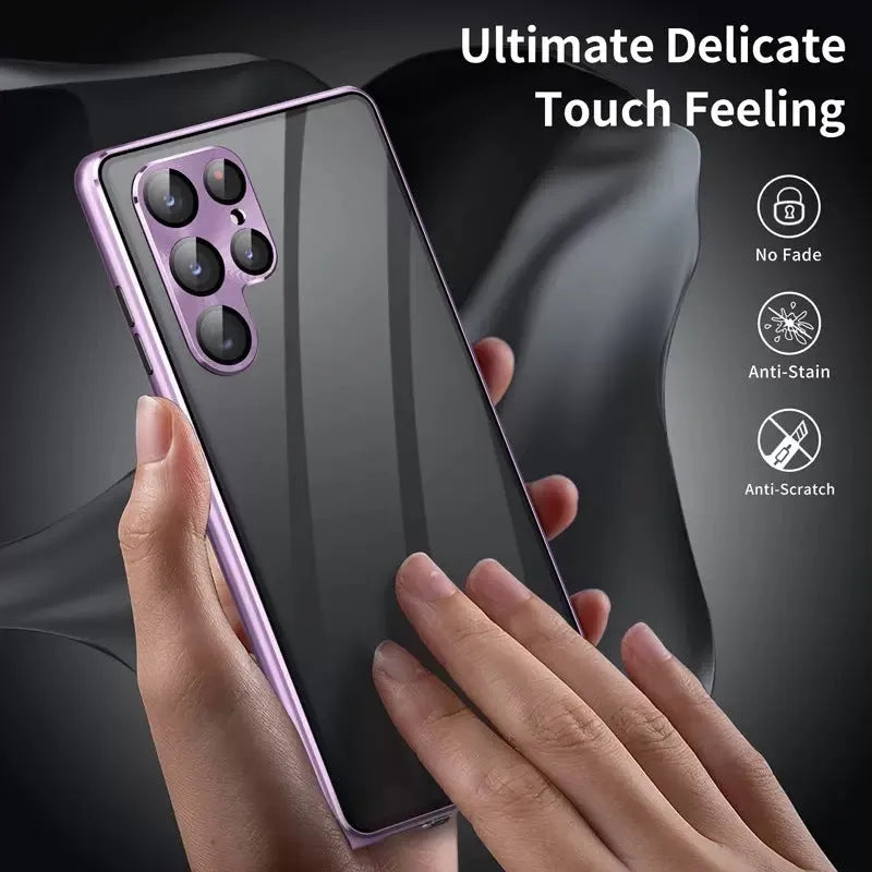 Samsung S24 Ultra phone case with magnetic frame and mirror privacy screen in multiple colour options.