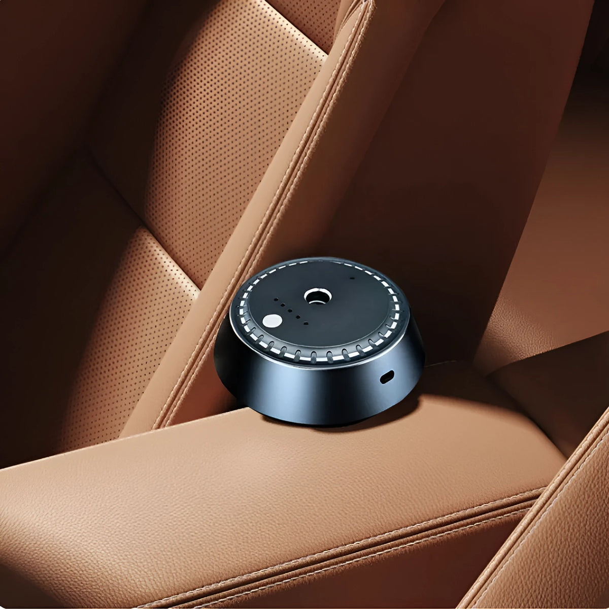 Black metal car aroma diffuser with USB charging port and control buttons