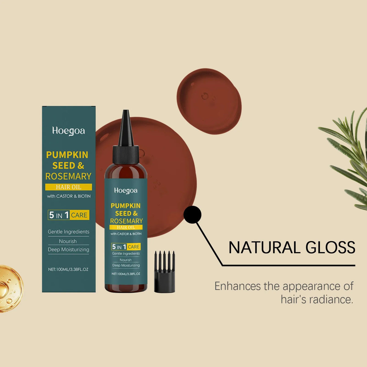 Rosemary hair essential oil 100ml bottle with pointed nozzle and hair comb