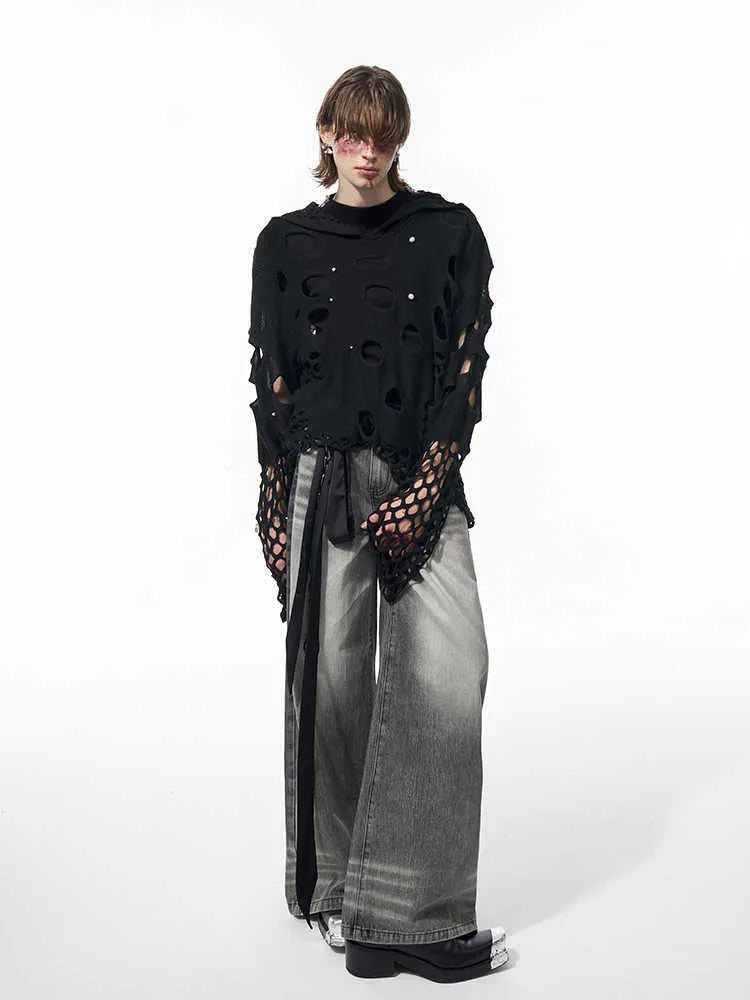 Men's black loose hoodie with pearl decoration on hood, thin spring sweater pullover design