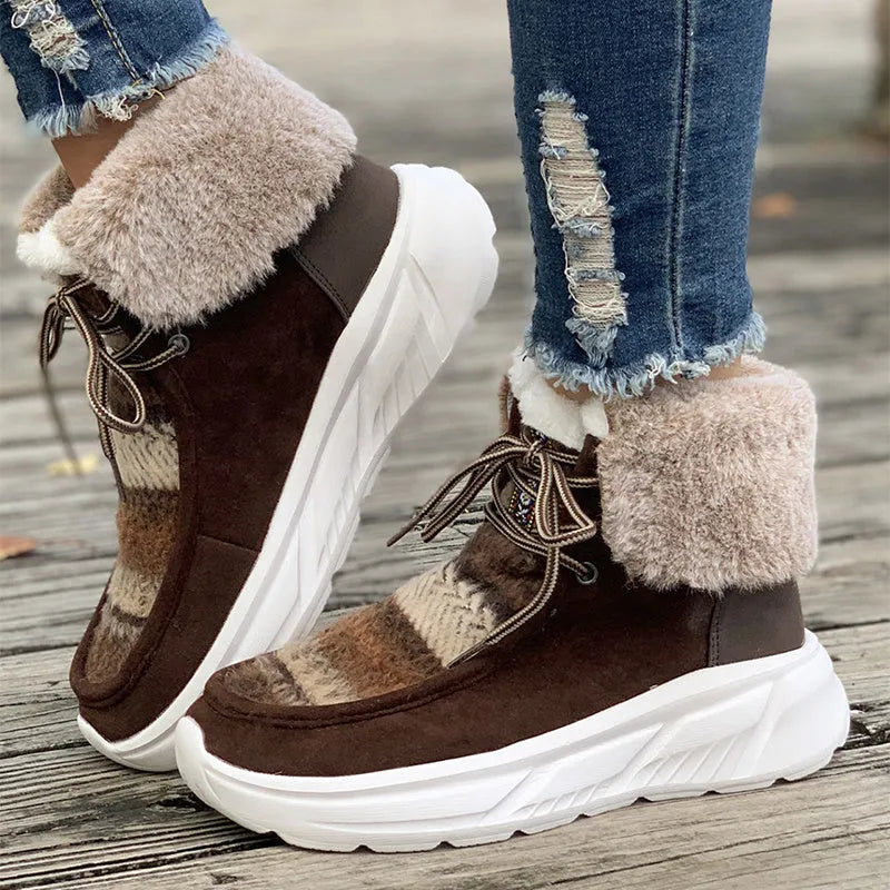 Women's beige lace-up snow boots with fuzzy suede upper and thick platform sole
