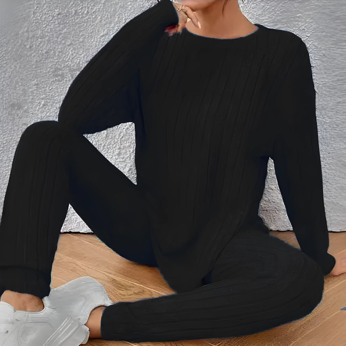 Women's black and blue polyester two-piece lounge set with sunken stripe pattern in extended sizes