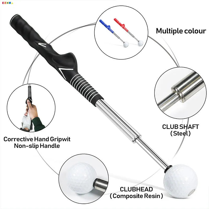 Telescopic stainless steel golf swing trainer in black, blue, or red colour