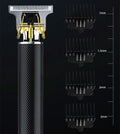 Black rechargeable electric hair clipper with gold steel blade and four guide combs