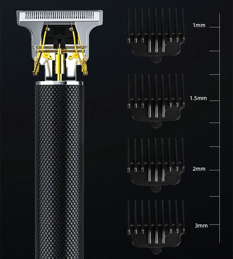 Black rechargeable electric hair clipper with gold steel blade and four guide combs