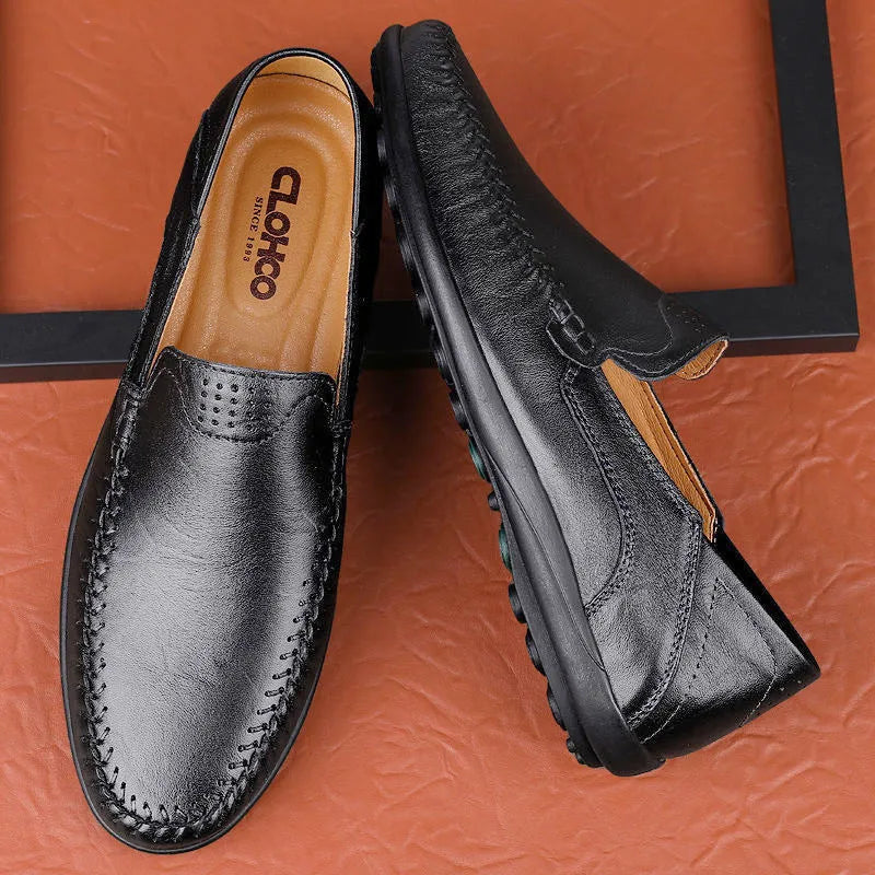 Men's brown leather casual shoes with round toe and flat heel, shown from side angle