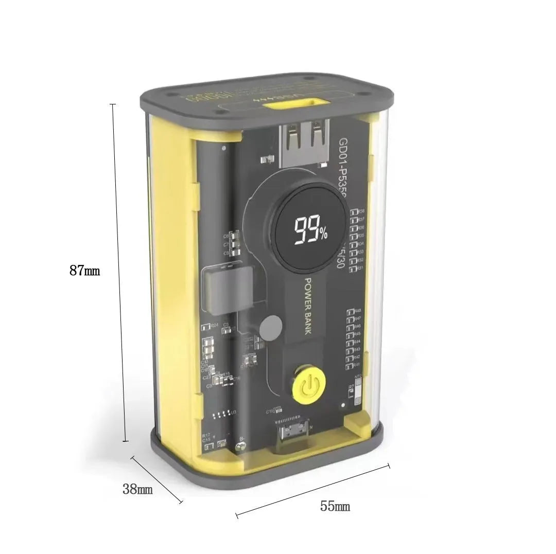 Transparent industrial power bank showing internal aluminum case and battery components