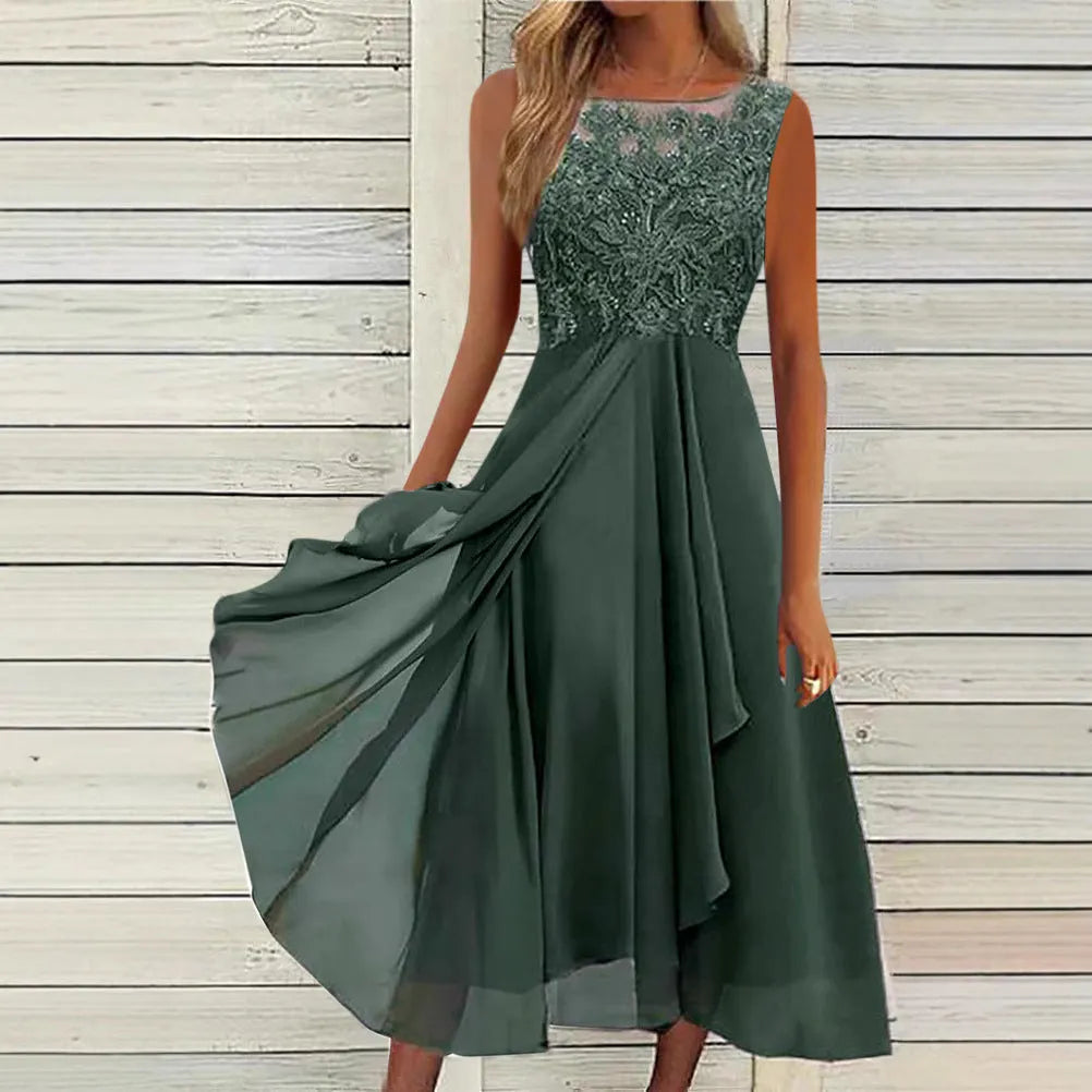 Women's sleeveless chiffon dress with lace hollow-out design in princess style, shown in blue colour