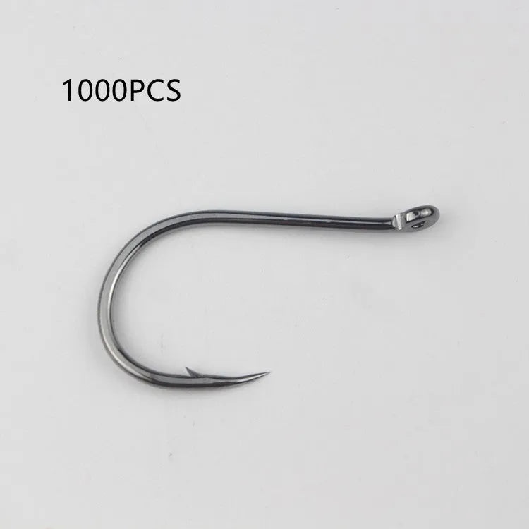 Bulk pack of barbed fishing hooks with crooked mouth and hole ring, made from alloy carbon steel.