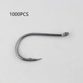 Bulk pack of barbed fishing hooks with crooked mouth and hole ring, made from alloy carbon steel.