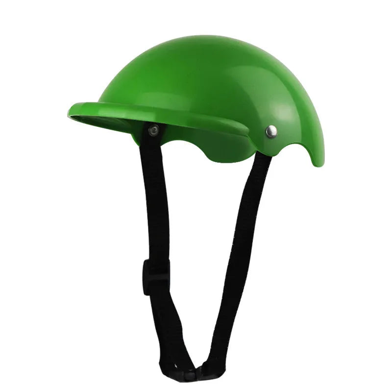 Small S size plastic pet safety helmet for motorcycles, shown in pink, black, yellow, and green colour options.