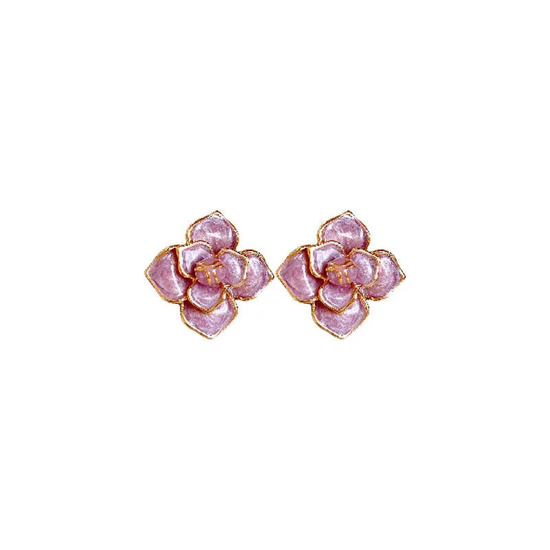 Gold plated purple oil-spot glaze flower stud earrings on copper base with floral design