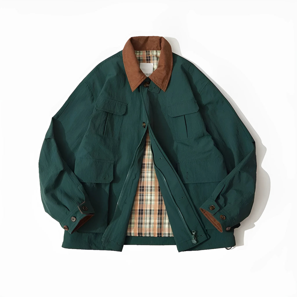 Green or apricot unisex casual jacket with long sleeves and side seam pockets