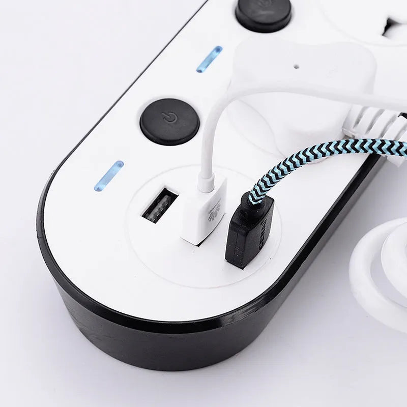 Multi-switch international power strip socket with choice of AU, EU, UK, US plugs and cable lengths.