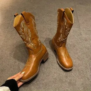 Brown women's mid-calf lace-up Martin boots with embroidered pattern on the upper.