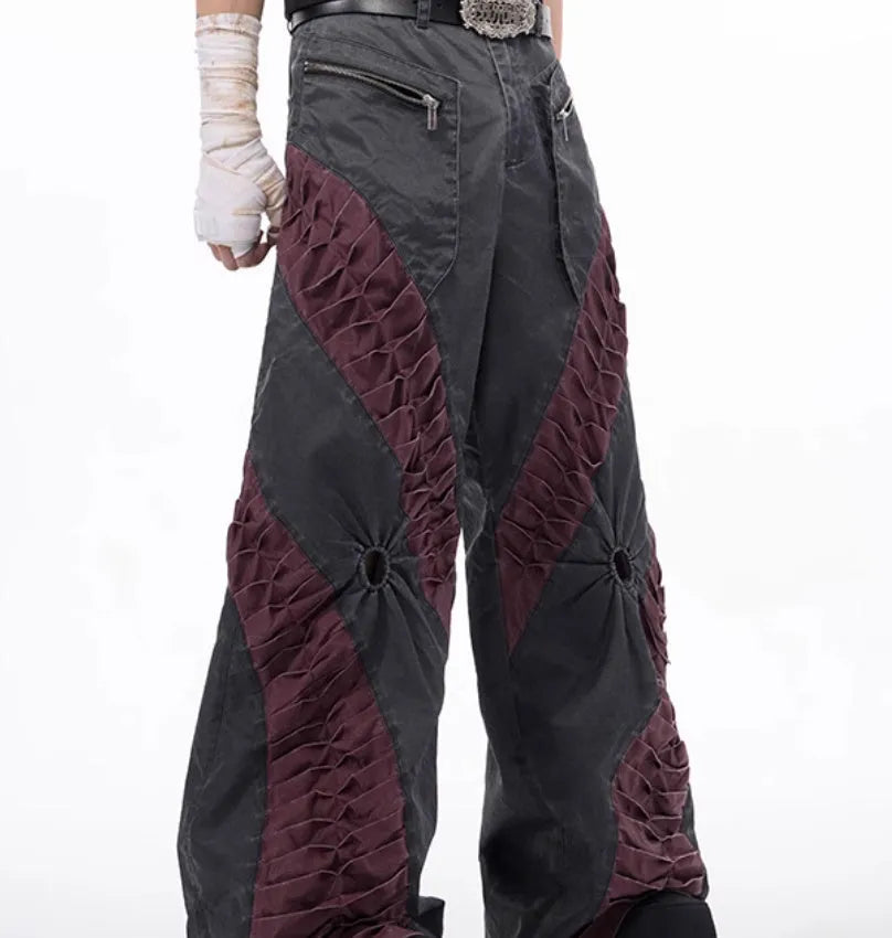 Retro grey three-dimensional keel casual sports pants on a model, showing straight hem and tight fit.