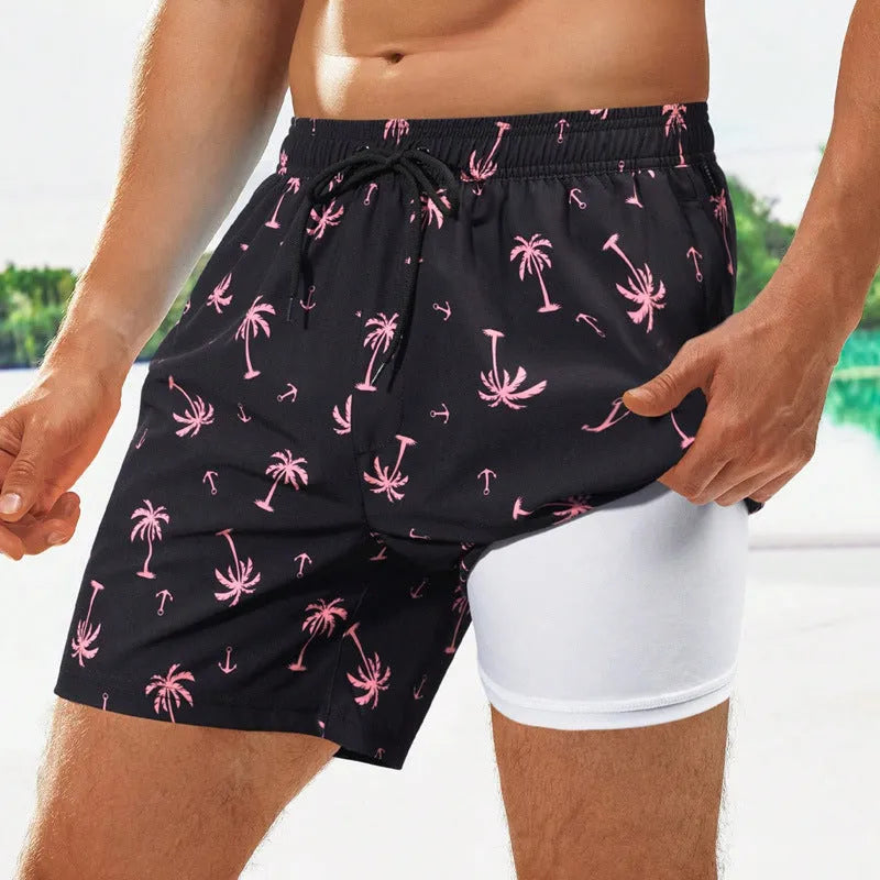 Men's loose fit boxer swimming trunks in spandex fabric with multiple pattern options