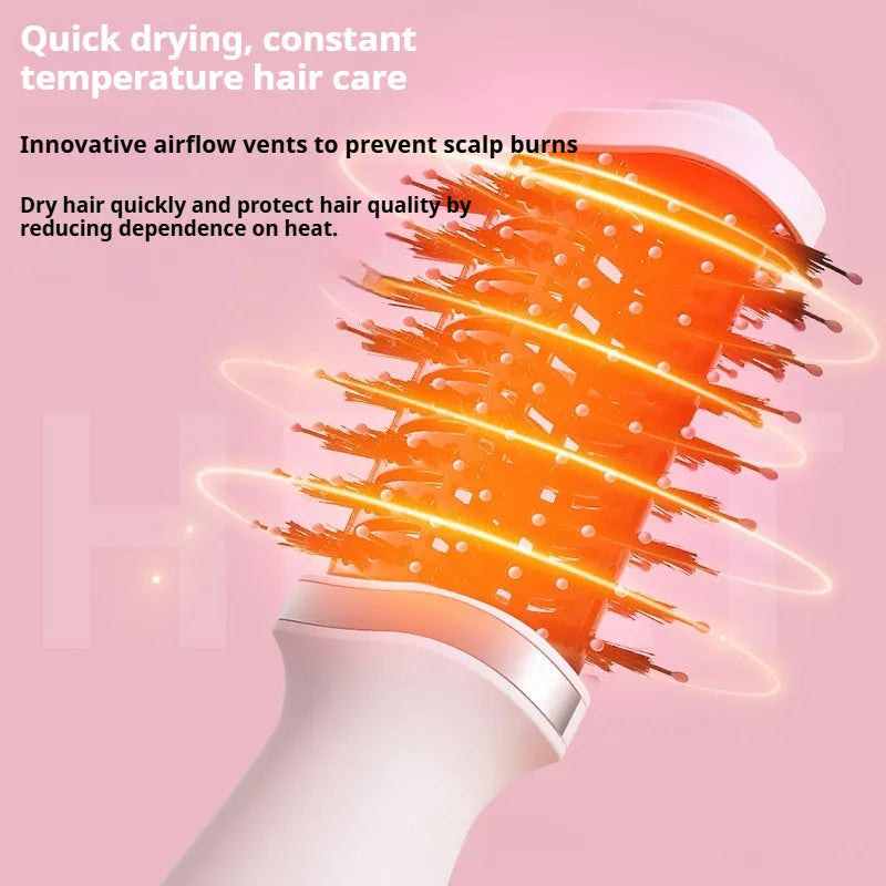 Pink multifunctional hair dryer with built-in comb and curling attachments for versatile styling