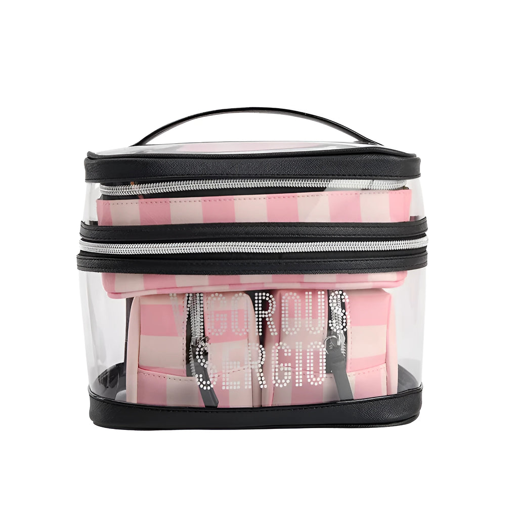 Pink bold stripe floral pattern waterproof makeup bag with folding buggy design