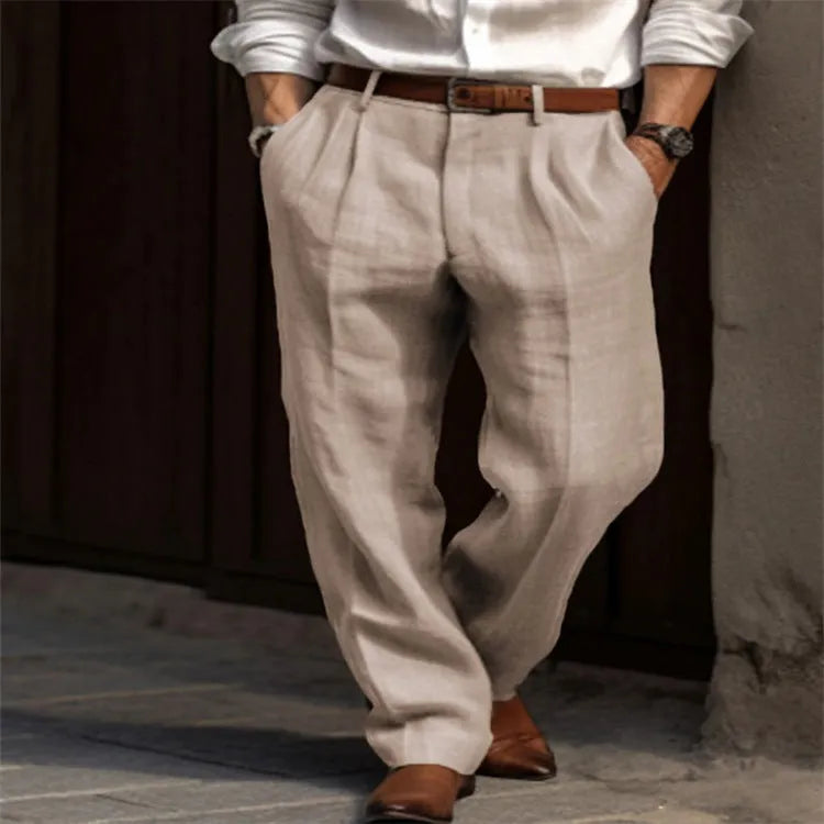 Men's linen trousers, double pleated front, straight leg, mid waist, zip fly, available in black, white, khaki, olive green