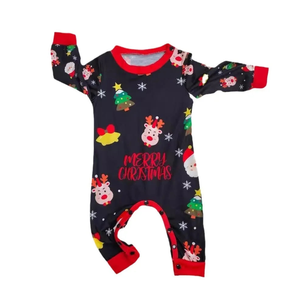 Family wearing matching Christmas pyjamas with plaid and cartoon prints, including parents, children and dog