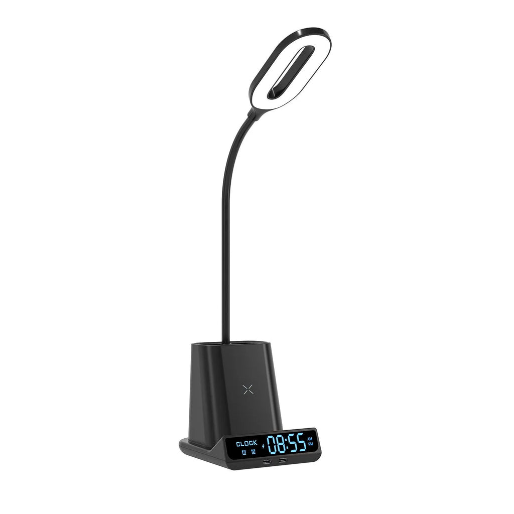 Modern black desk lamp with wireless charging base, integrated pen holder, and small storage compartments.