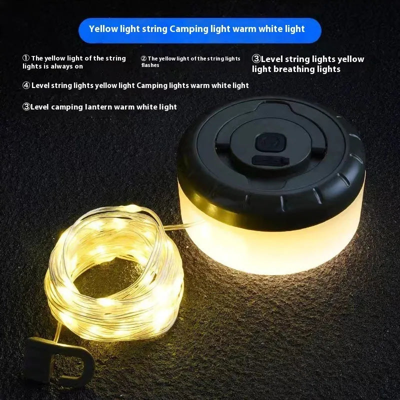 Rechargeable outdoor string lights with 30 LED beads in 8-metre length for camping and garden use