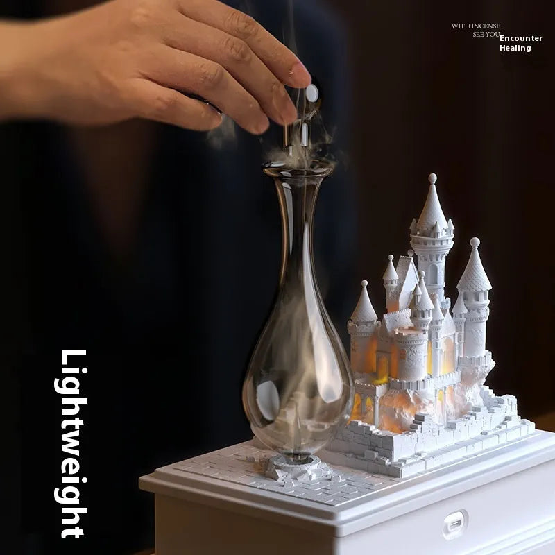White medieval castle waterless aromatherapy machine with cold fragrance technology and USB-C charging port