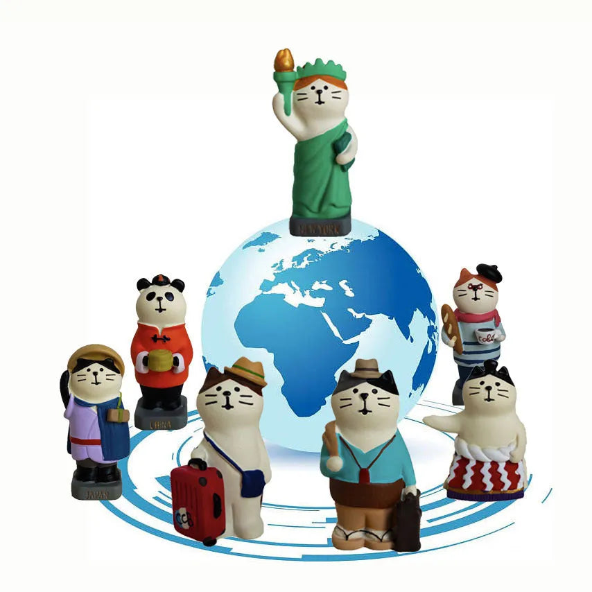 Cartoon resin cat statue dressed as Statue of Liberty holding travel globe, Earth Instrument Cat and Carp Cat style variants.