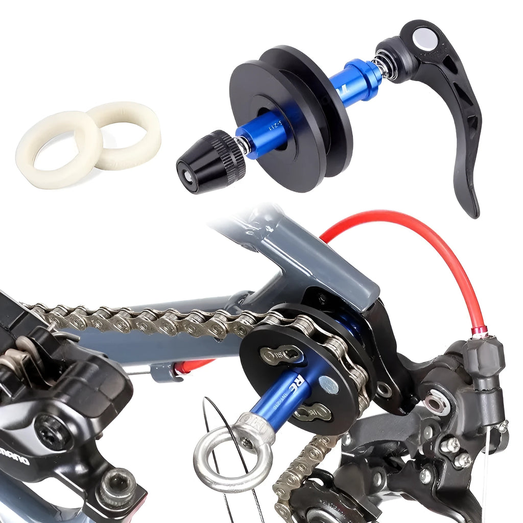 Aluminium bicycle chain holder and tensioner tool for washing, shown in hand.