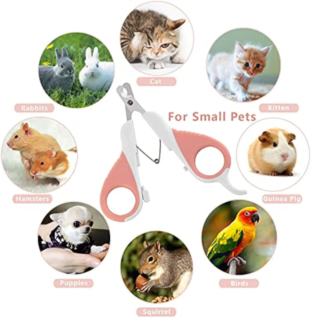 Grey and pink cat nail clippers with safety guard and angled stainless steel blade for pet grooming