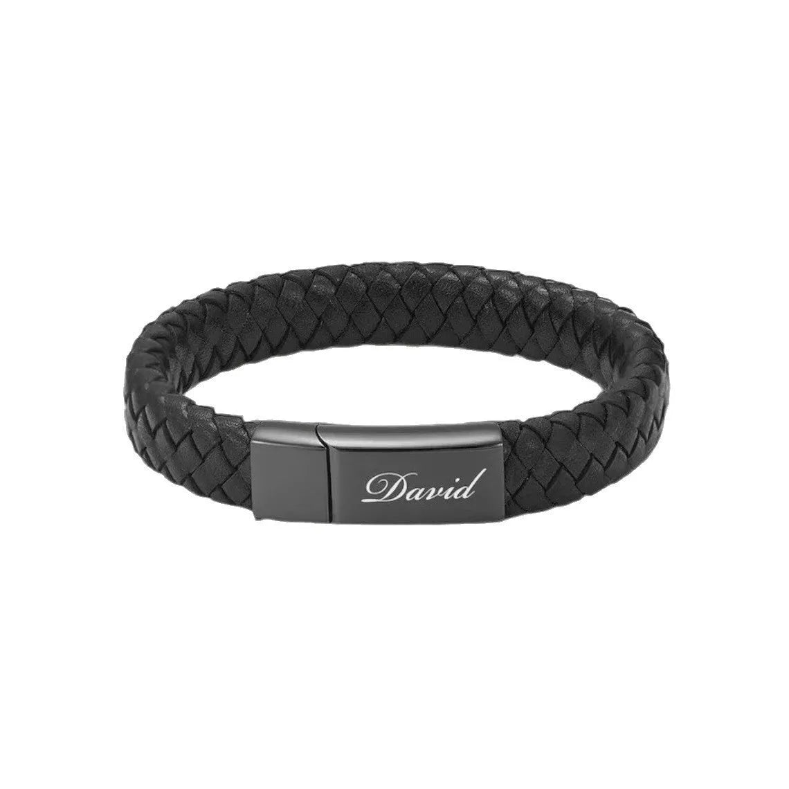 Black leather and stainless steel woven casket bracelet with engraved text in gift box