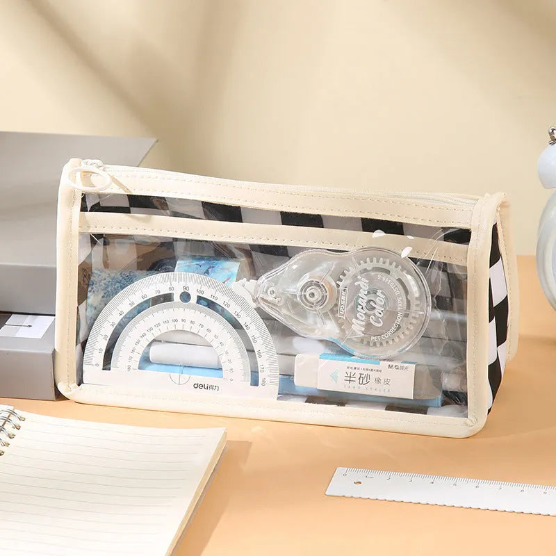 PVC transparent pencil case with chessboard pattern showing pens inside, dimensions 21.5 x 8 x 11.5 cm