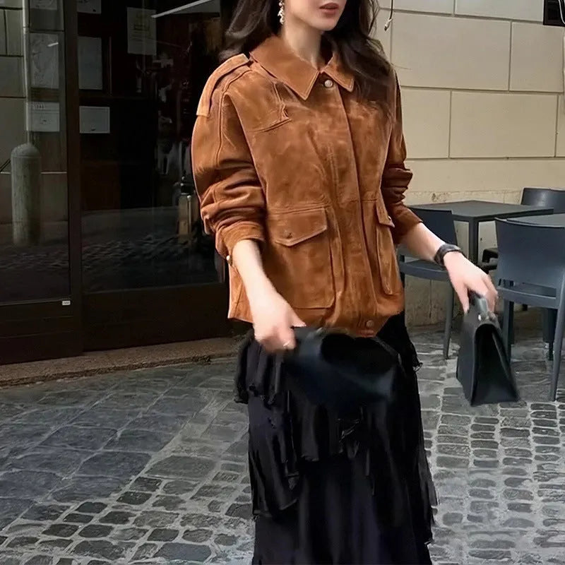 Women's brown suede-look coat with regular sleeves shown in S-3XL size range