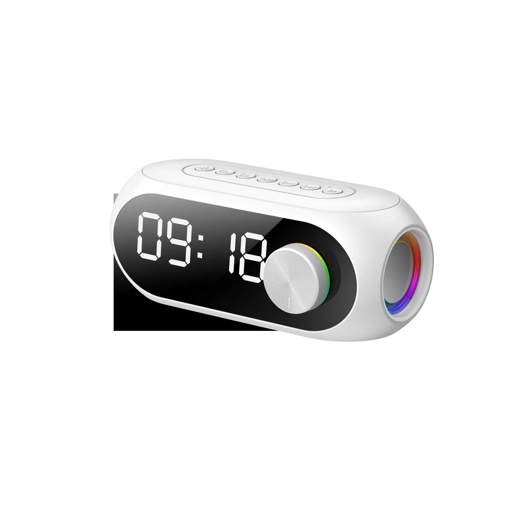 S8 series portable mini clock speaker in black, white, or blue colour with digital display and USB cable.