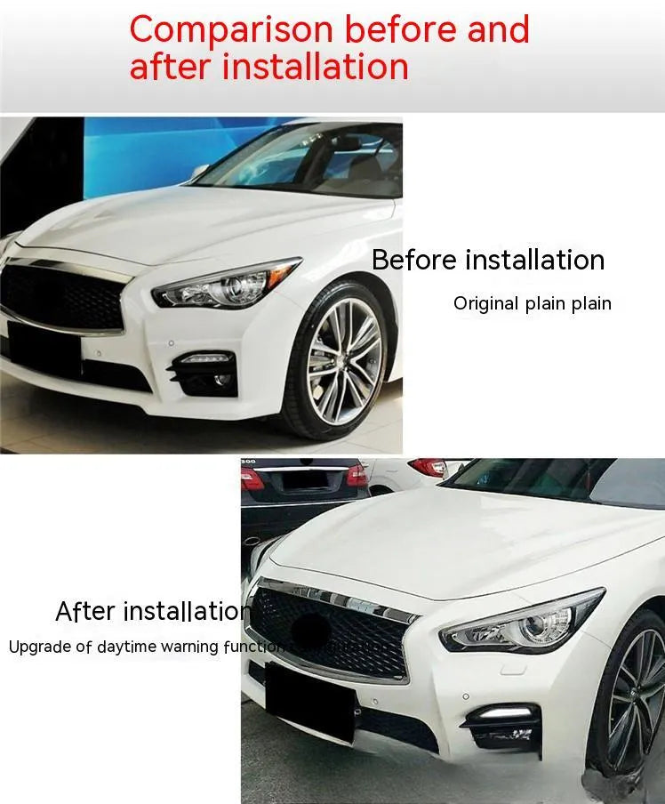 Infiniti Q50 Q70 front bumper LED turn signal and daytime running lamp assembly with ABS housing.