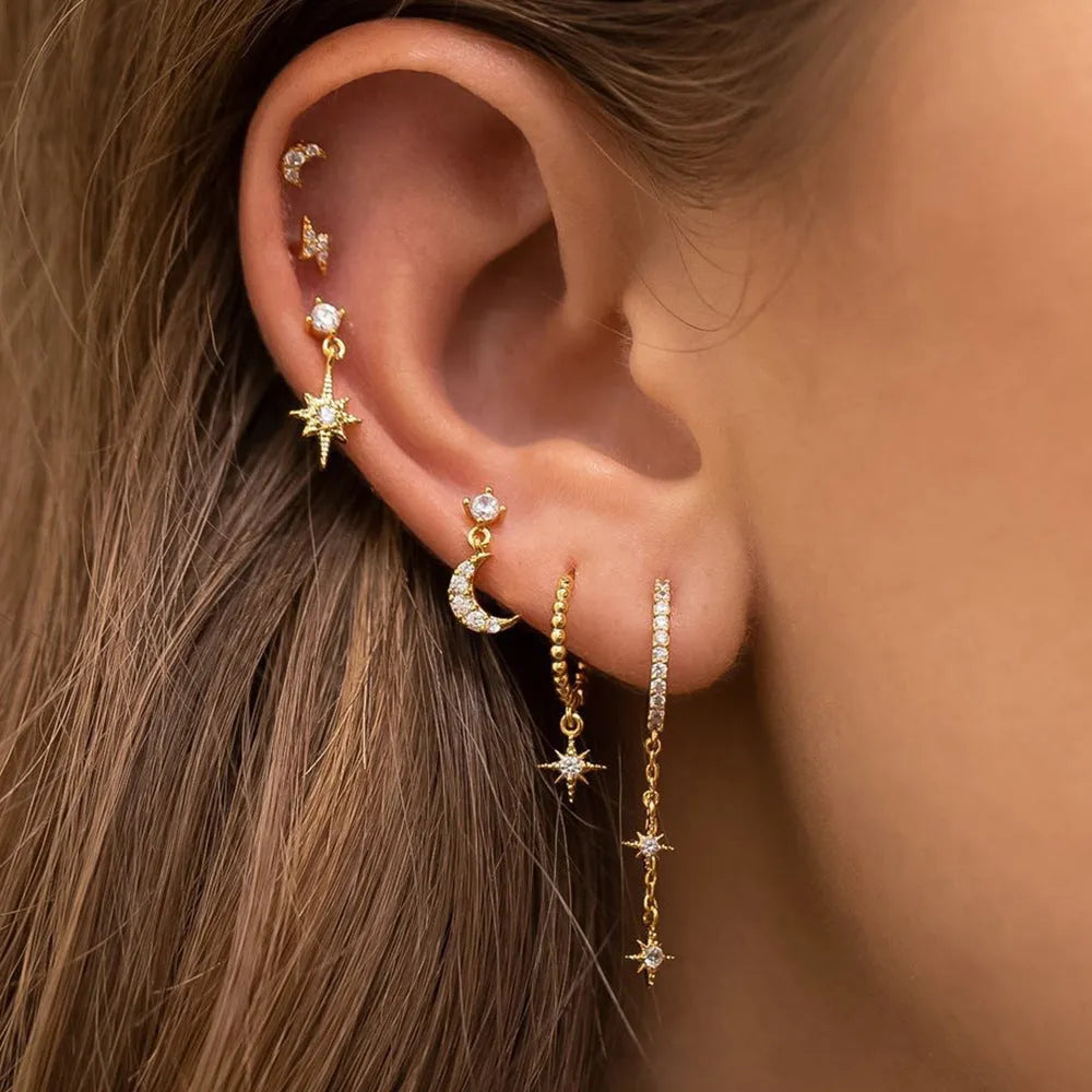 XINGX six-piece gold chain tassel earring set with zircon studs on copper