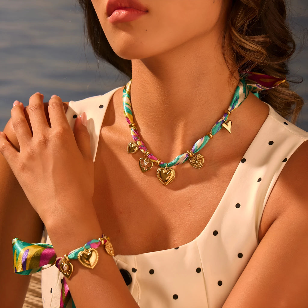 Geometric pendant necklace and bracelet set with stainless steel chain and 18K electroplated finish