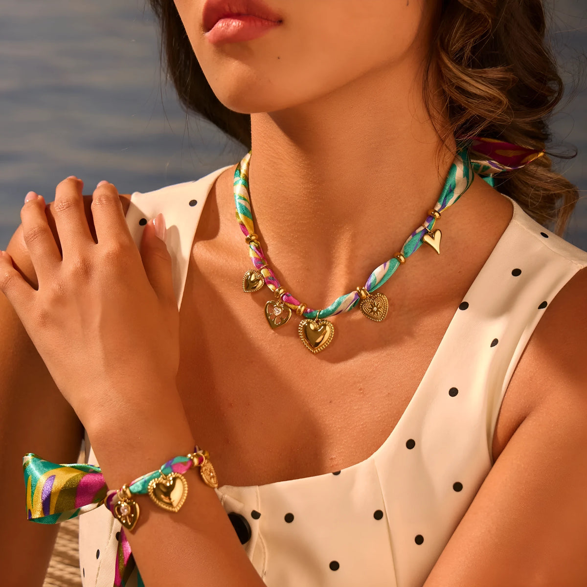 Geometric pendant necklace and bracelet set with stainless steel chain and 18K electroplated finish